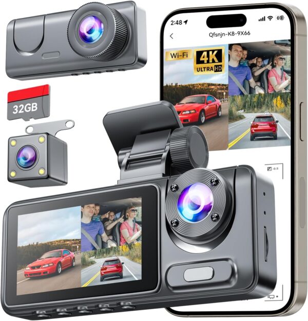 Dash Cam Front and Rear, 4K Full HD Dash Camera with 32GB SD Card, 3 Channel Dash Cam for Cars, Dashcam with G-Sensor, Loop Recording, Night Vision, 24H Parking Mode, 170°Wide Angle - Image 2