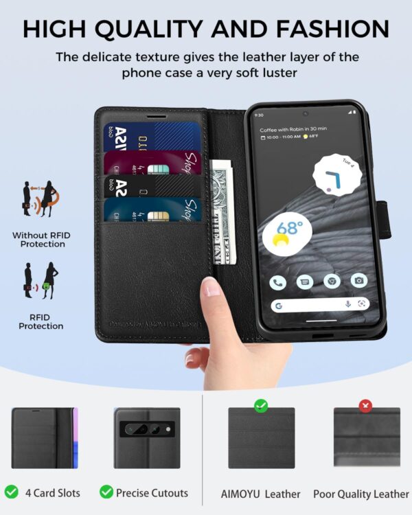 AIMOYU for Google Pixel 7 Pro 5G Case, Flip Wallet Leather Phone Case with [4 Card Slots] [Kickstand] [RFID Blocking] Magnetic Protective Shockproof Cover for Pixel 7 Pro Case - Black - Image 4