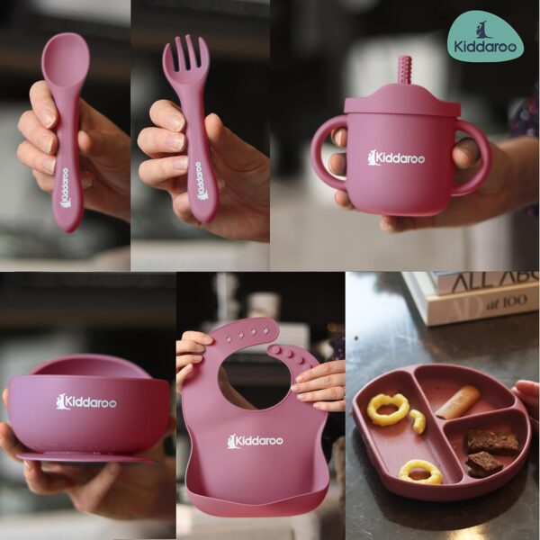 Kiddaroo Baby Weaning Set - Suction Bowl & Plate, Sippy Cup with Straw Lid, Spoon & Fork, Adjustable Bib - Food-Grade Silicone, Safe for Microwave, Oven, Freezer, Dishwasher - with BLW eBook - Pink - Image 7