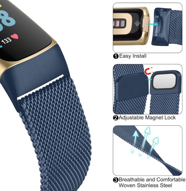 Metal Strap for Fitbit Charge 6/5 - Adjustable Stainless Steel Mesh Loop With Magnetic Clasp for Women and Men (Blue) - Image 10