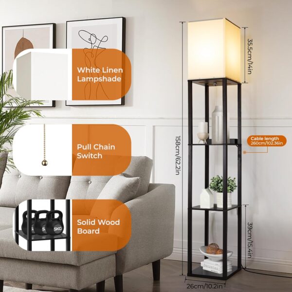 DEANIC Floor Lamp with Shelves, Modern Standard LED Lamps Living Room Bedroom Office, Wooden Tall Standing Lamp Reading Lamp Stand (Black, with USB Charging) - Image 6