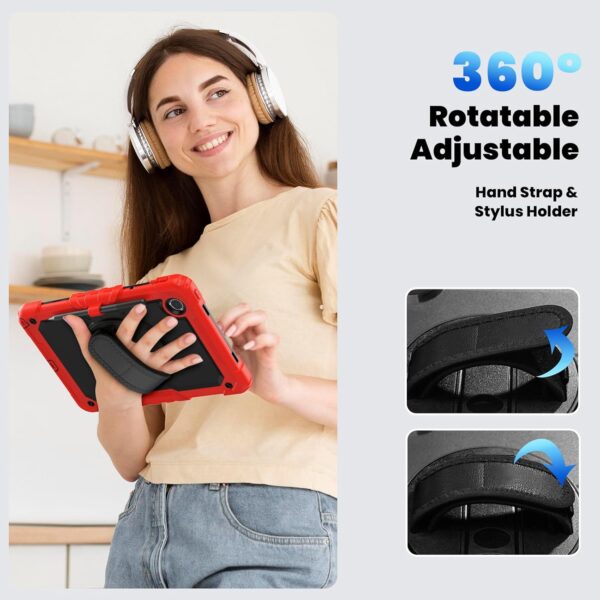 Case for Samsung Galaxy Tab A9 8.7 Inch 2023 Model (SM-X110/X115/X117) with Built-in Screen Protector 360 Rotating Hand Strap/Shoulder Strap Heavy Duty Shockproof Full Body Hybrid Cover Red - Image 7