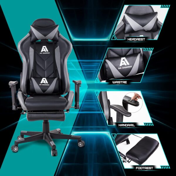 AA Products Gaming Chair High Back Ergonomic Computer Racing Chair Adjustable Office Chair with Footrest, Lumbar Support Swivel Chair - Grey - Image 7