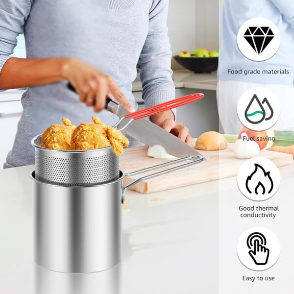 Deep Fryer with Basket 304 Stainless Steel Deep Fryer Pot with Strainer Basket 1200ml Mini Deep Oil Fryer with Handle Multifunctional Kitchen Gadgets Small Fryer Pan for Tempura Chips Fish Chicken(A) - Image 3