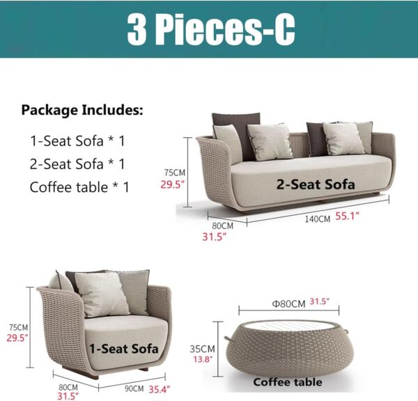 MOLVUS Outdoor Patio Furniture Sets, Wicker Conversation Set For Porch Deck, Weather Resistant Rattan Sofa Chair With Coffee Table(Color:Beige,Size:3 Pieces-C) - Image 4