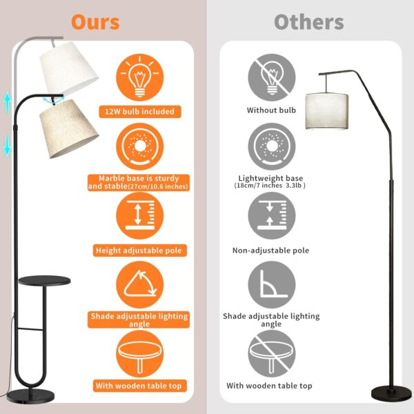 【Upgraded】Floor Lamps for Living Room Modern Standing Lamp with Shelves, Marble Base, Foot Switch, Retractable Pole, Adjustable Lighting Angle, Tall Lamp for Bedroom Office Study Room Bulb Included - Image 5