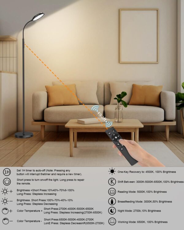 Bototek Modern Floor Lamp for Bedrooms & Living Room - Standing Tall Lamp with Lampshade - Image 7