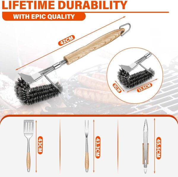 TIVOLI Grill Set 4PC BBQ Tools Set Grill Accessories with BBQ Spatula, BBQ Clips, Brushes, BBQ Forks Heavy Duty Grill Kit Grill Tools for Outdoor Grill with Wood Handles Gift Ideas for Dad Man - Image 7