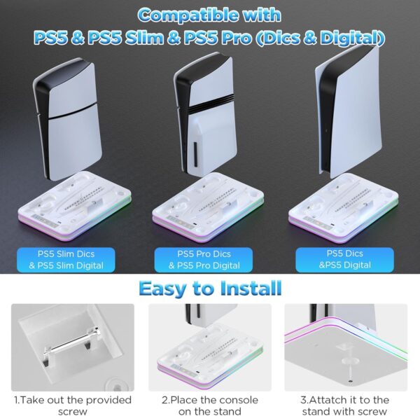 Aceshop PS5/PS5 Slim/PS5 Pro Stand and Cooling Station with RGB Light Charging Dock for PS Portal and Dual Sense & Edge Controller Charging Station for PS5/PS5 Slim/PS5 Pro Accessories with Hook - Image 4