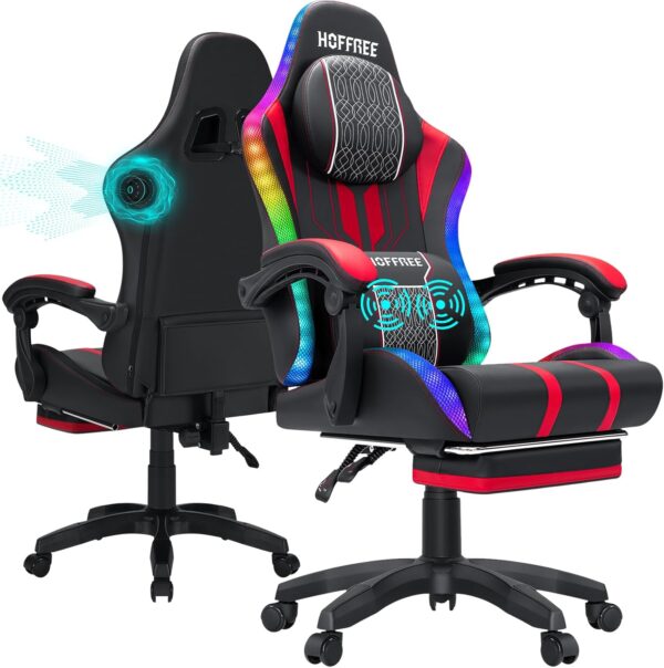 HOFFREE Led Gaming Chair with Speakers and Massage Big and Tall Video Game Chair for 400lbs with Footrest Reclining High Back Computer Chair Red Black - Image 2