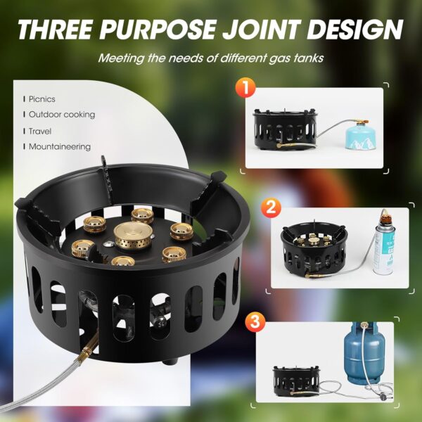16800W Camping Gas Stove, Portable Gas Stove with 7 Copper Stove Head, Adjustable & Folding Gas Stove Burner, Camping Accessories, Windproof Furnace for Camping Outdoor Cooking Trekking Picnic - Image 3
