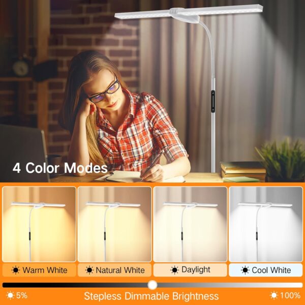 OUTON LED Floor Lamp with Double Head, 18W 1800LM, Super Wide & Bright, Height Adjustable, Remote & Touch Control, Memory Function, Dimmable Standing Lamp for Reading, Working, Sewing, Silver Grey - Image 4