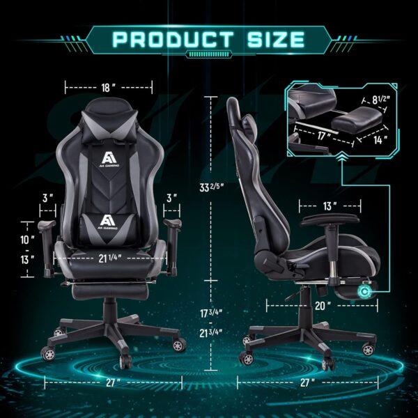 AA Products Gaming Chair High Back Ergonomic Computer Racing Chair Adjustable Office Chair with Footrest, Lumbar Support Swivel Chair - Grey - Image 4