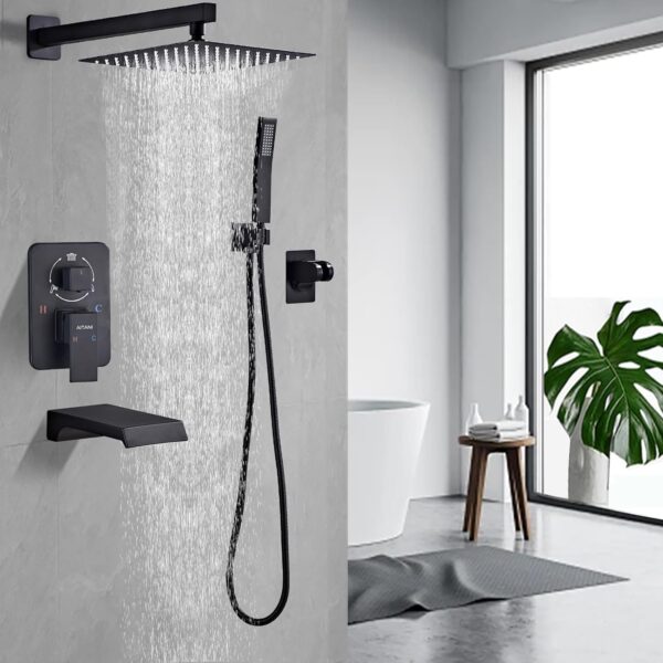 10 Inch Shower Faucet Set with High Pressure Bath Spout Matte Black Square Shower System Rain Shower Head 3 Functions Portable Waterfall Shower Rainfall Shower - Image 4