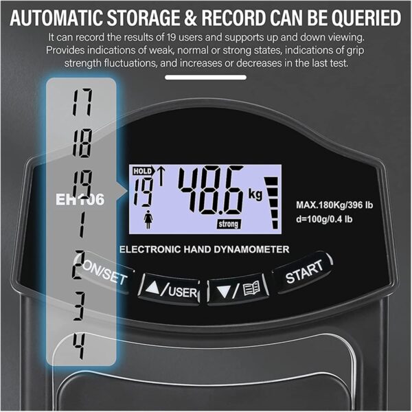 396Lbs/180Kg Digital Hand Dynamometer Grip Strength Meter USB LCD Screen Hand Grip Dynamometer Grip Strength Tester - Digital Tension Meter(Black Grip Meter) - Image 7