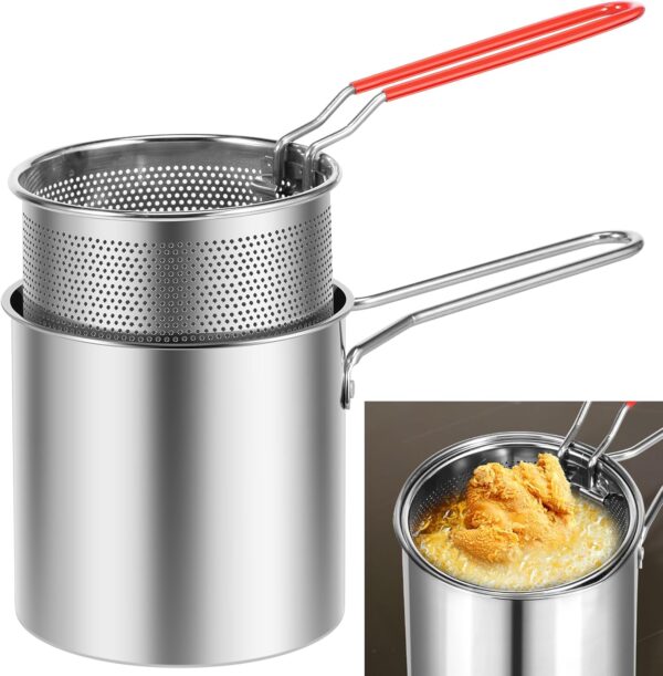 Deep Fryer with Basket 304 Stainless Steel Deep Fryer Pot with Strainer Basket 1200ml Mini Deep Oil Fryer with Handle Multifunctional Kitchen Gadgets Small Fryer Pan for Tempura Chips Fish Chicken(A) - Image 2