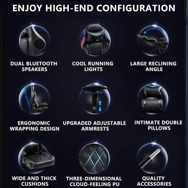 Ergonomic Gaming Chair - Adjustable Recline, Armrests, PU Leather, Comfortable Massage Feature, Dual Bluetooth Speakers for Gamers and Professionals - Image 4