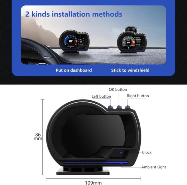 AMROOLOO Head up Display Car, OBD In-car Display, GPS Speedometer, with Multiple Reminder Functions, Suitable for All Cars - Image 9
