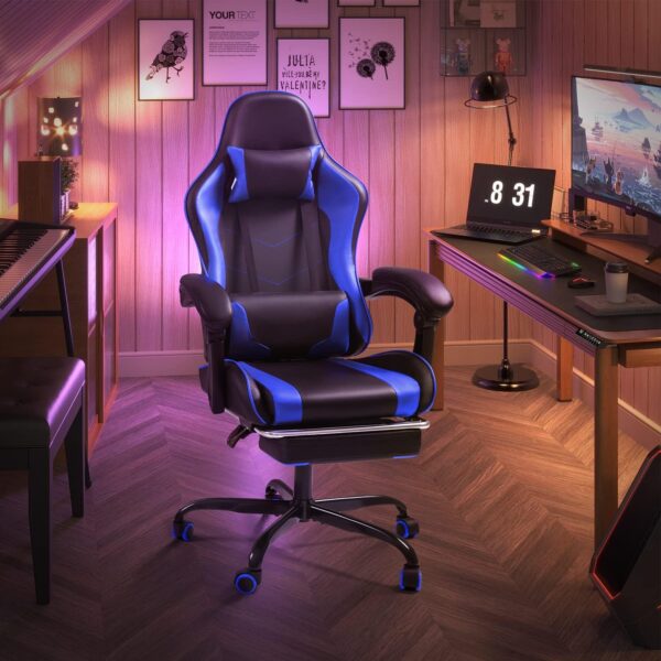 Shahoo Gaming Chair with Footrest and Massage Lumbar Support, Video Game Chairs Height Adjustable Seat with Headrest for Office or Bedroom, Study Room, Blue - Image 3