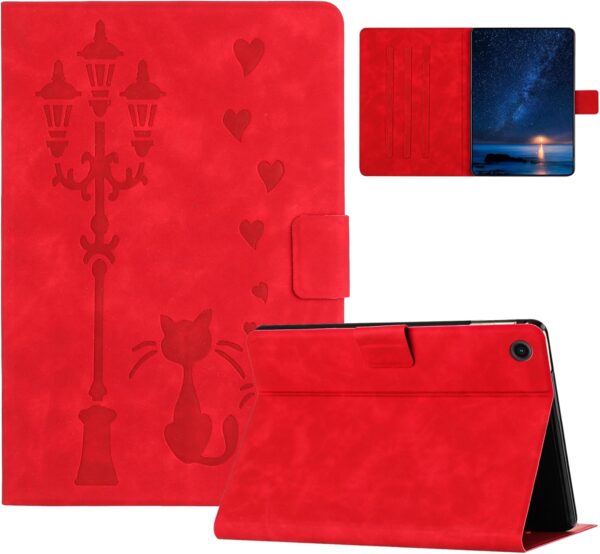 DayQiQiPu Case for Samsung Galaxy Tab A9 SM-X110/X115 8.7 Inch Embossed PU Leather Cats Under The Street Light Pattern Ultra Thin Flip Cover,Red - Image 2