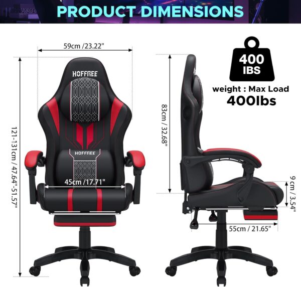 HOFFREE Led Gaming Chair with Speakers and Massage Big and Tall Video Game Chair for 400lbs with Footrest Reclining High Back Computer Chair Red Black - Image 4
