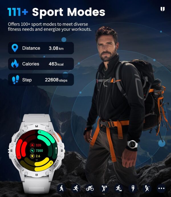 FOXBOX Smart Watch for Men,1.43’’AMOLED Military Smartwatch with Flashlight Answer/Make Calls,Blood Pressure Calorie Sleep Heart Rate Monitor, 110+ Sports Modes Smartwatches Android iOS Silvery - Image 5