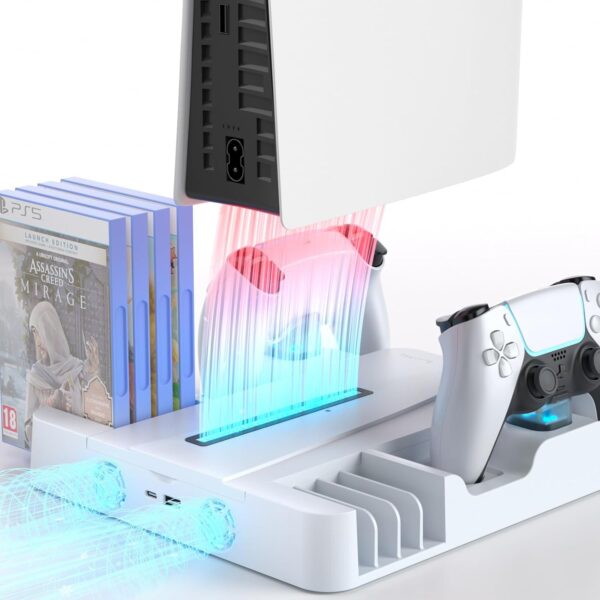 Juseisin PS5 Console Cooling Station Stand for Slim, Pro, and Digital Editions – Efficient Heat Dissipation, Fast Charging, 3-Level Fan, 8 Game Slots, Type C Charger Cord (White) - Image 2