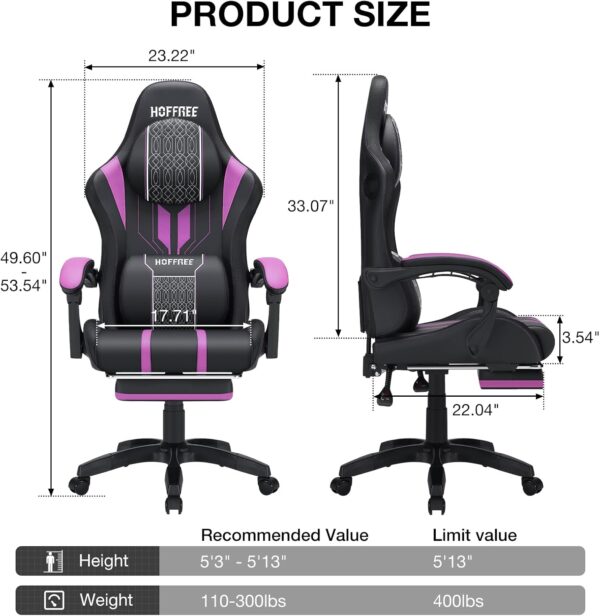HOFFREE Massage LED Gaming Chair with Speakers, Large and High Video Game Chair with Footrest for 400lbs - Purple and Black High Back Reclining Computer Desk Chair - Image 4