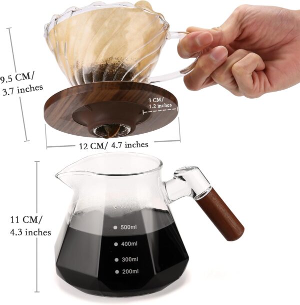 Lalord Pour Over Coffee Maker, 600 ml Borosilicate Glass Set with 100 pcs Size 02 Paper Filter, Walnut Collar & Glass Lid, Drip Coffee Maker, 1-3 Cups, Clear - Image 5