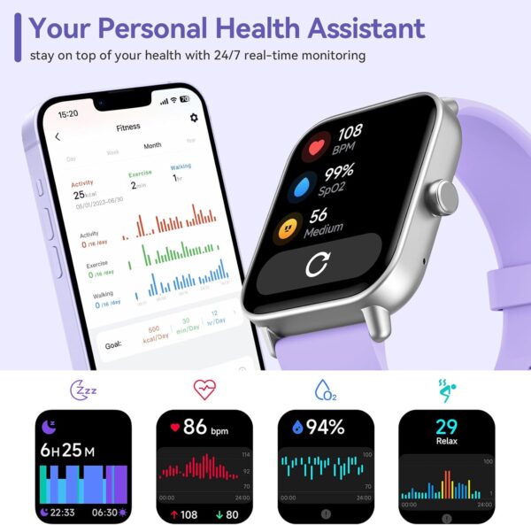Smart Watches for Women(Answer/Make Call), Alexa Built-in 1.8" HD Ladies Smartwatch with Heart Rate/SpO2/Sleep Monitor, 110+Sports, IP68 Step Counter Fitness Tracker (Purple, S/M/L) - Image 4