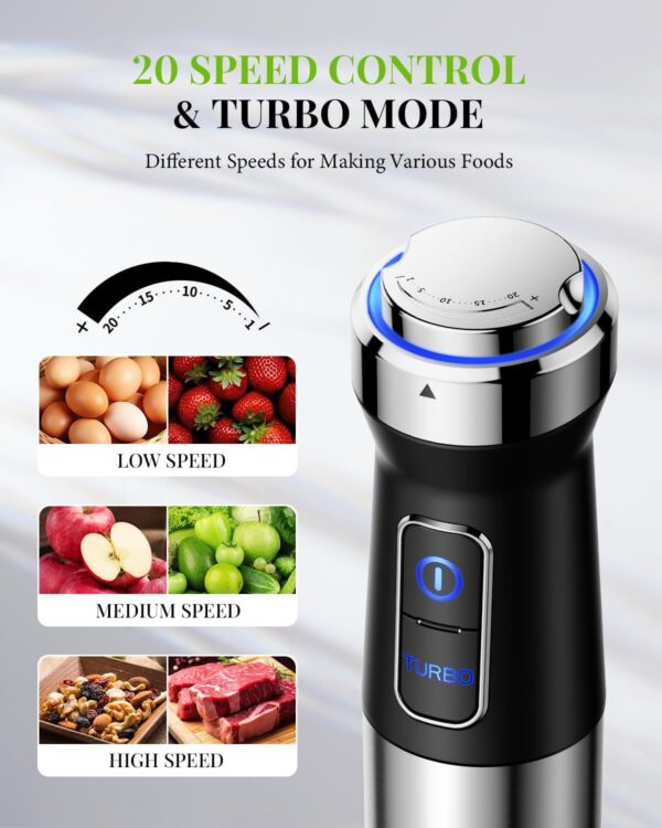 SHARDOR Hand Blender,6 In 1 Hand Blenders For Kitchen,power 1200w,20-Speed & Turbo Stick Blender,Scratch Resistant Hand Whisk Electric With Dough Hooks,Egg Beaters,Whisk,800ml Beaker,600ml Chopper - Image 5