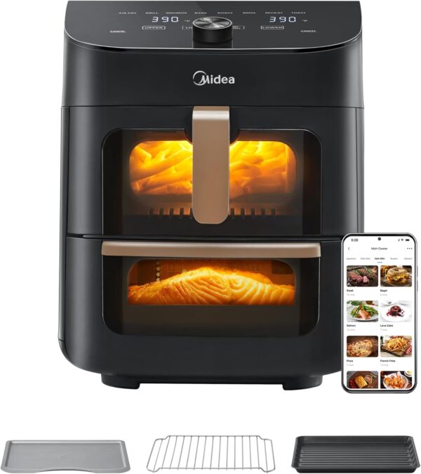 Midea Vertical Dual Zone Air Fryer Oven, 11L, 2 Drawers, Visible Window, Max Crisp, Oil Free & Low Fat, 10-in-1 Functions, Smart Sync Finish, Works with Alexa, Wi-Fi, App Recipes, 2400W - Image 2