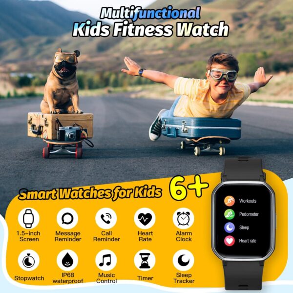 Kids Smart Watch for Boys,IP68 Waterproof Kids Fitness Tracker Watch with 1.5 Inch DIY Face,Heart Rate Sleep Monitor,19 Sport Modes,Calories Counter,Alarm Clock,Great Gifts for Children 6+ (Black) - Image 4