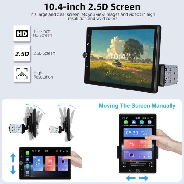 CAMECHO 10.4 inch Single Din Car Stereo with Wireless Carplay and Android Auto, Rotatable Vertical Screen with Bluetooth FM Radio Mirror Link USB/AUX/EQ+ Reversing Camera - Image 7