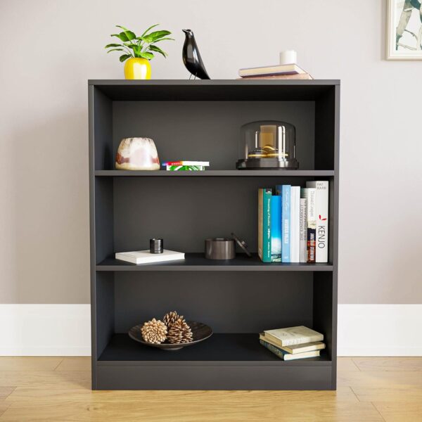 Vida Designs Cambridge 3 Tier Low Bookcase, Black Wooden Shelving Display Storage Unit Office Living Room Furniture - Image 3