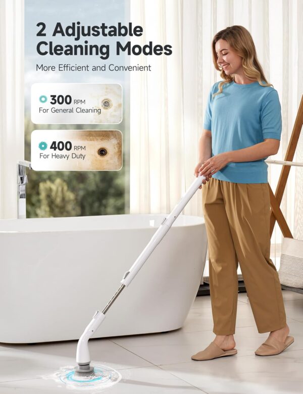 Hicozy Electric Spin Scrubber, Cordless Electric Cleaning Brush with Adjustable Extension Arm, Power Scrubber with 4 Replaceable Brush Heads for Bathroom, Shower, Tile, Floor, Car,White - Image 4