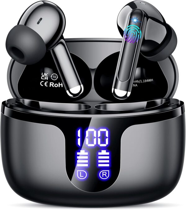 Wireless Earbuds Bluetooth 5.3 Headphones in Ear with 4 ENC Noise Cancelling Mic 2025 New Ear buds 42h Playtime HiFi Stereo Deep Bass Earphones LED Display Bluetooth Earbuds IP6 Waterproof USB-C Black - Image 2