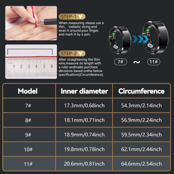 Smart Rings Health Ring Blood Oxygen Blood Pressure HR Heart Rate Monitor Fitness Tracker Sleep Step Counter Waterproof Compatible with ios Android Phones with Charging Case (Black, #9-S-2.34in) - Image 9