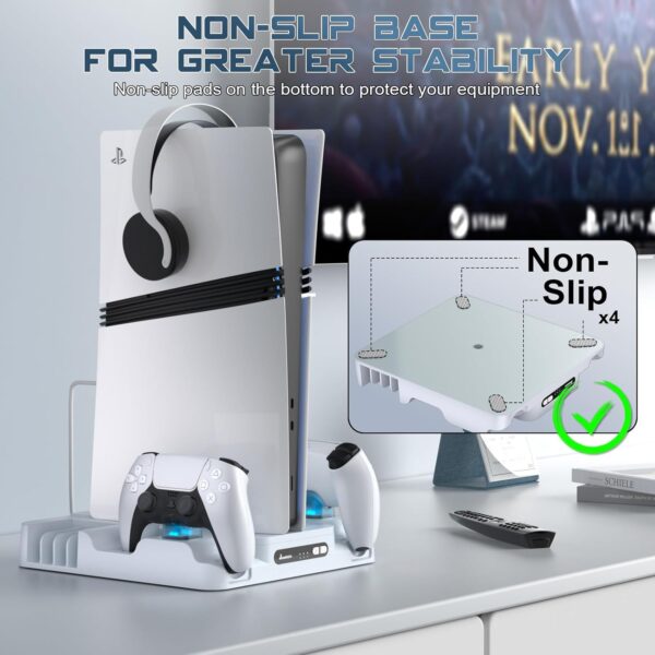 Juseisin PS5 Console Cooling Station Stand for Slim, Pro, and Digital Editions – Efficient Heat Dissipation, Fast Charging, 3-Level Fan, 8 Game Slots, Type C Charger Cord (White) - Image 7
