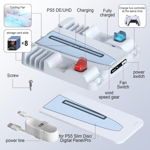 Juseisin PS5 Console Cooling Station Stand for Slim, Pro, and Digital Editions – Efficient Heat Dissipation, Fast Charging, 3-Level Fan, 8 Game Slots, Type C Charger Cord (White) - Image 6