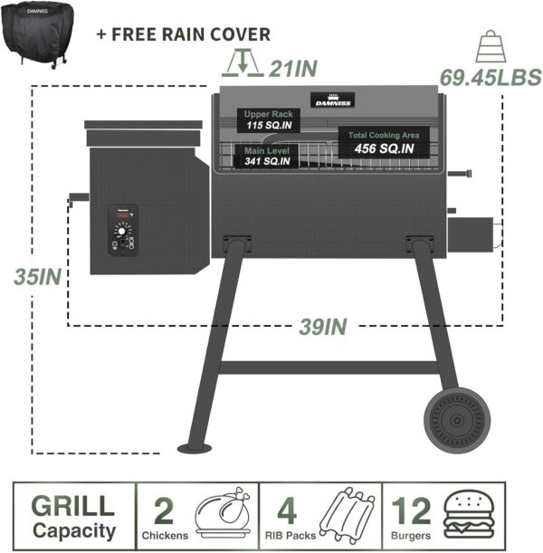 DAMNISS Grills DAPG-03 Electric Wood Pellet Smoker Grill, 456 SQ.IN Cook Area Pellet Grill with Auto Feed & PID Temperature Control (180-450°F), 8 in 1 BBQ Grill for Backyard Outdoor - Image 3