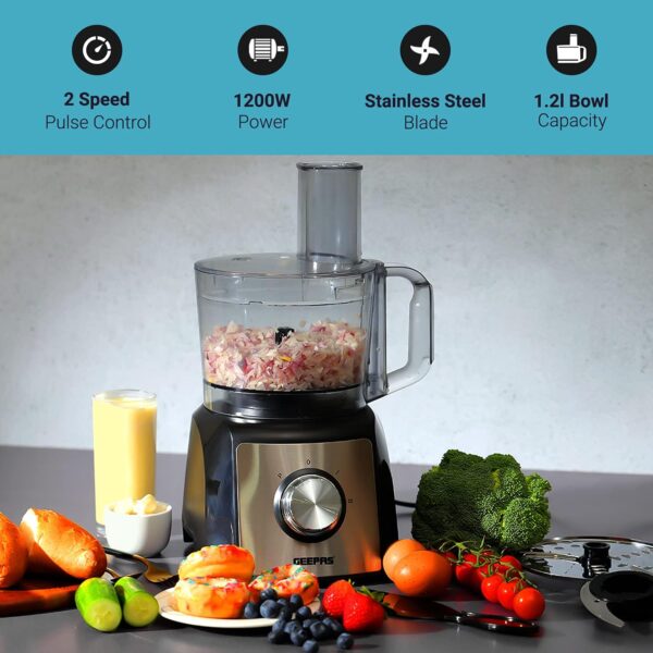 Geepas 1200W Compact Food Processor | Multifunctional Electric Food Mixer with Chopper Knead Dough Shredder Slicing Grating & Emulsifying disc, 2 Speed with Pulse Control | 1.5L, 2 Years Warranty - Image 9