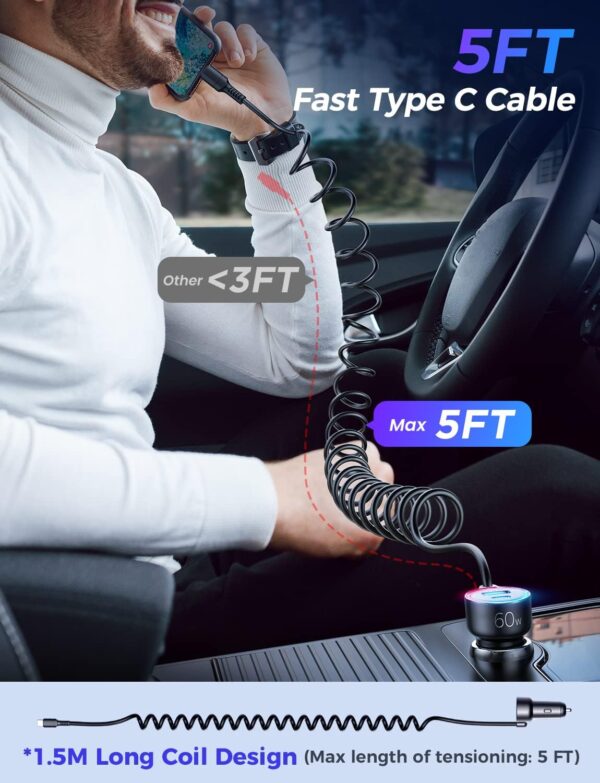 USB C Car Charger, 60W Super Fast Car Charger PD&QC3.0 &PPS Fast Charging with 5ft Type C Coiled Cable, 3 Fast Port Cigarette Lighter Usb Charger for iPhone 16/15/ Samsung S24/iPad Pro All Phones - Image 4