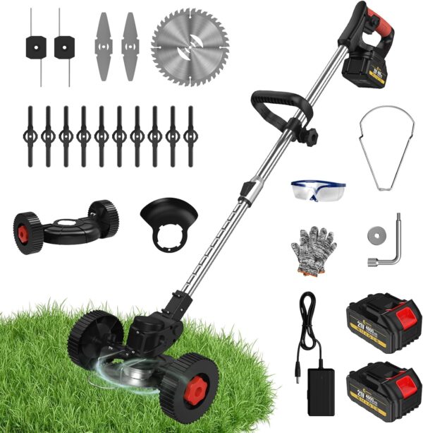Cordless Strimmer Garden Strimmer with 4 Blades, 2 x 21V 4.0Ah Battery Strimmer Adjustable Retractable Electric Strimmer, Grass Trimmer for Yard, Garden, Sidewalk Edges Light Work (Black) - Image 2