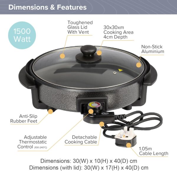 Quest 35410 30cm Multi-Function Electric Cooker Pan with Lid/Adjustable Thermostatic Control/Non-Stick Aluminium / 30 x 30cm Surface/Detachable Power Cable For Serving - Image 5