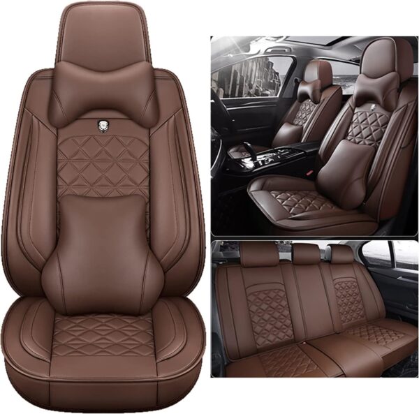 Eunncu Universal Car Seat Covers Waterproof Leather Full Set, Can Protect Front and Rear Seats, To Fit Most Cars, Side Airbag Compatible, Coffee Luxury - Image 2