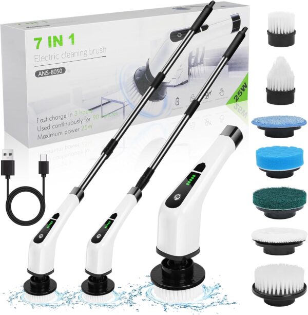 OSDUE Electric Spin Scrubber, Cordless ​Shower Cleaner with 7 Replacement Brushes, 400 RPM Electric Bathroom Cleaning Brush with Adjustable Extension Arm for Tile, Tub, Kitchen, Floor, Bathroom - Image 2