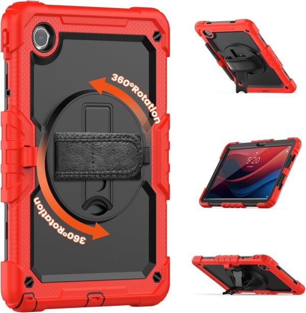 Case for Samsung Galaxy Tab A9 8.7 Inch 2023 Model (SM-X110/X115/X117) with Built-in Screen Protector 360 Rotating Hand Strap/Shoulder Strap Heavy Duty Shockproof Full Body Hybrid Cover Red - Image 4