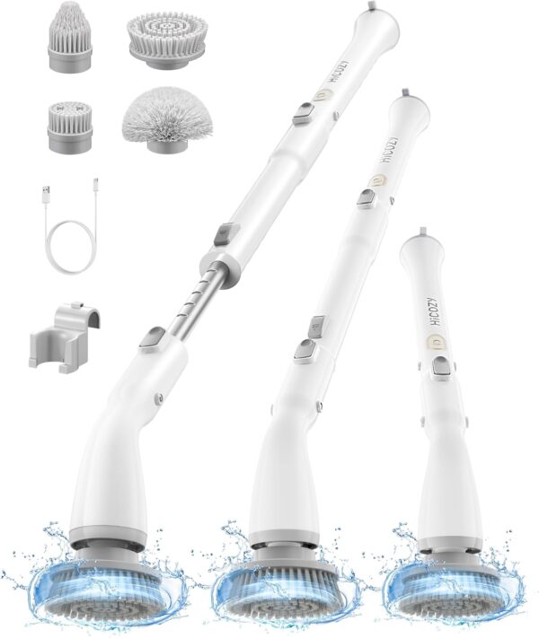 Hicozy Electric Spin Scrubber, Cordless Electric Cleaning Brush with Adjustable Extension Arm, Power Scrubber with 4 Replaceable Brush Heads for Bathroom, Shower, Tile, Floor, Car,White - Image 2