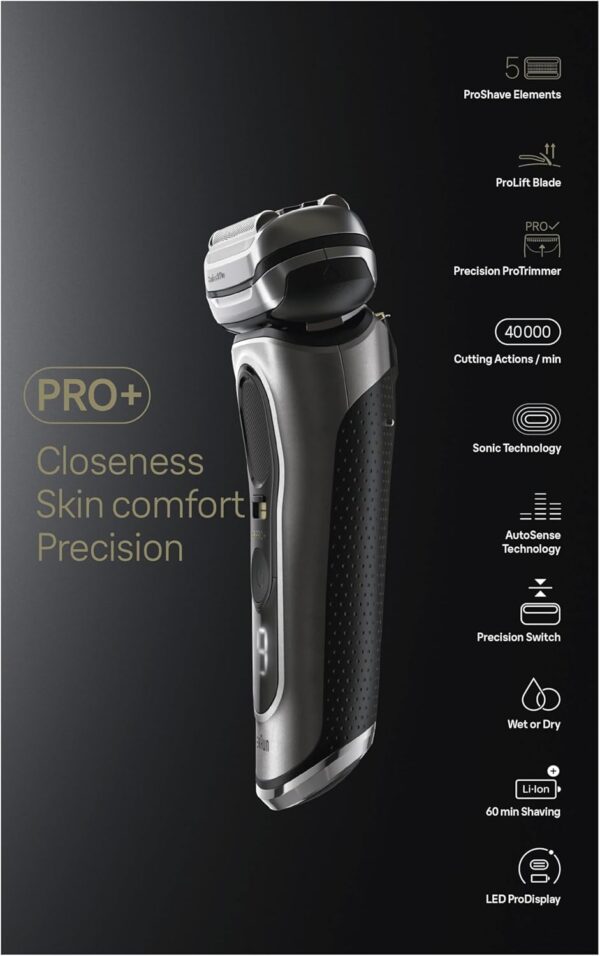 Braun Series 9 Pro Electric Shaver With 4+1 Head, ProLift Trimmer, 5-in-1 SmartCare Center & Leather Travel Case, UK 2 Pin Plug, 9465cc, Silver Razor - Image 10
